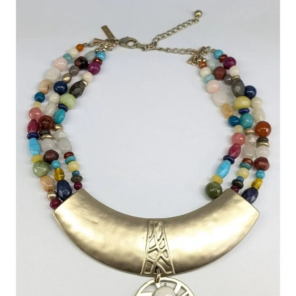 Chico's Huge Chunky Multi Strand Multi Color Stone Gold Tone Medallion Necklace - Picture 7 of 10